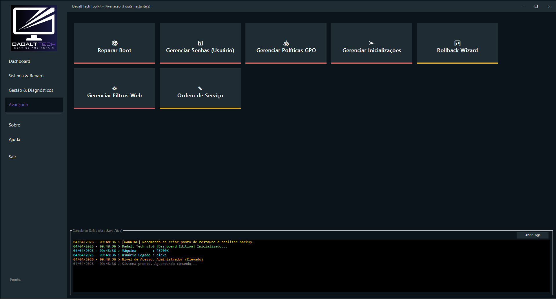Painel avançado do Toolkit